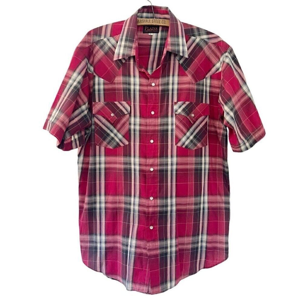 Plains Western Wear Men’s L Red White Black Short Sleeve Pearl Snap Shirt